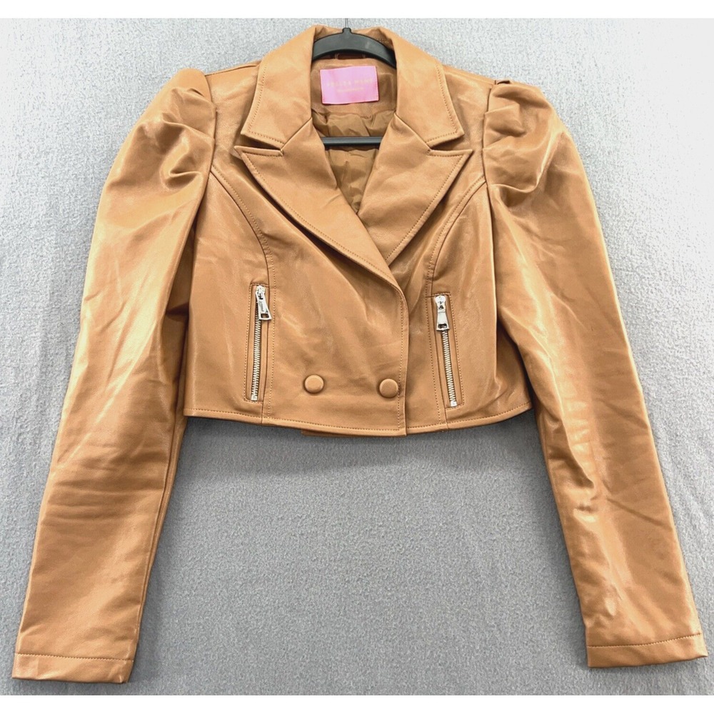 Azalea Wang Jacket Womens Small Brown Faux Feather Biker Long Sleeve Cropped